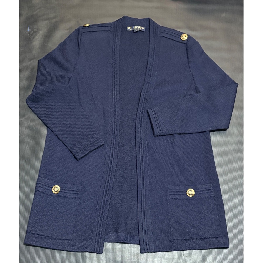 VTG St. John Navy Blue Gold Open Cardigan Sweater Womens S Santana Knit nautical